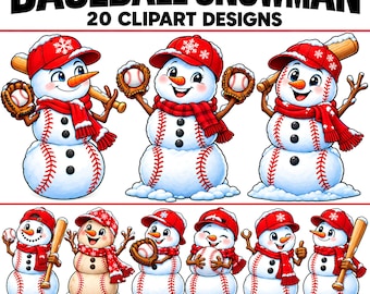 Könnte beinhalten: Eine digitale Sammlung von 20 Clipart-Designs mit Schneemännern, die rote Baseballkappen mit Schneeflockenmustern, rote Schals und baseballartige Körper tragen. Der Text lautet BASEBALL SNOWMAN 20 CLIPART DESIGNS und PNG CHRISTMAS COLLECTION.