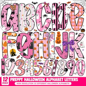 May include: A digital graphic set featuring the alphabet and numbers 0-9 in a pink and orange Halloween theme. The letters and numbers are decorated with ghosts, pumpkins, black cats, spiders, webs, bows, and candy patterns on a white background.