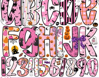 May include: A digital graphic set featuring the alphabet and numbers 0-9 in a pink and orange Halloween theme. The letters and numbers are decorated with ghosts, pumpkins, black cats, spiders, webs, bows, and candy patterns on a white background.