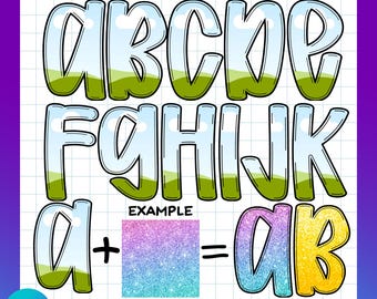 May include: A digital Canva template featuring a preppy doodle alphabet with letters A through K. The letters have a light blue sky and green grass fill. An example shows a letter combined with a glitter texture to create a custom effect.