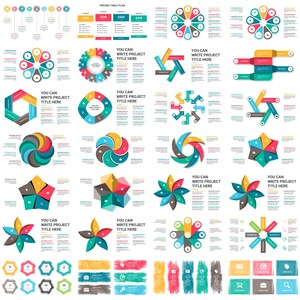 May include: A comprehensive collection of colorful infographic templates featuring various circular, hexagonal, and star-shaped diagrams, pricing tables, and icon sets designed for business presentations, data visualization, and project planning.