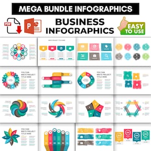 Puede incluir: Una colección digital de infografías empresariales que presenta varios gráficos, diagramas y diagramas de flujo en diseños coloridos. El texto incluye MEGA BUNDLE INFOGRAPHICS, BUSINESS INFOGRAPHICS, EASY TO USE y marcadores de posición como WRITE PROJECT TITLE HERE.