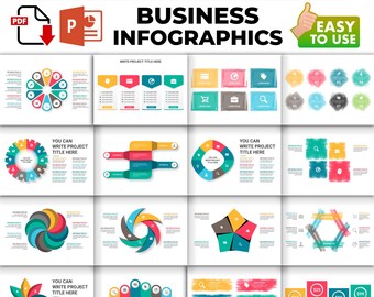Könnte beinhalten: Eine digitale Sammlung von Business-Infografiken mit verschiedenen Diagrammen, Schaubildern und Flussdiagrammen in farbenfrohen Designs. Der Text enthält MEGA BUNDLE INFOGRAPHICS, BUSINESS INFOGRAPHICS, EASY TO USE und Platzhalter wie WRITE PROJECT TITLE HERE.