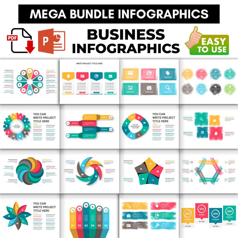 May include: A digital collection of business infographics featuring various charts, diagrams, and flowcharts in colorful designs. The text includes MEGA BUNDLE INFOGRAPHICS, BUSINESS INFOGRAPHICS, EASY TO USE, and placeholders like WRITE PROJECT TITLE HERE.