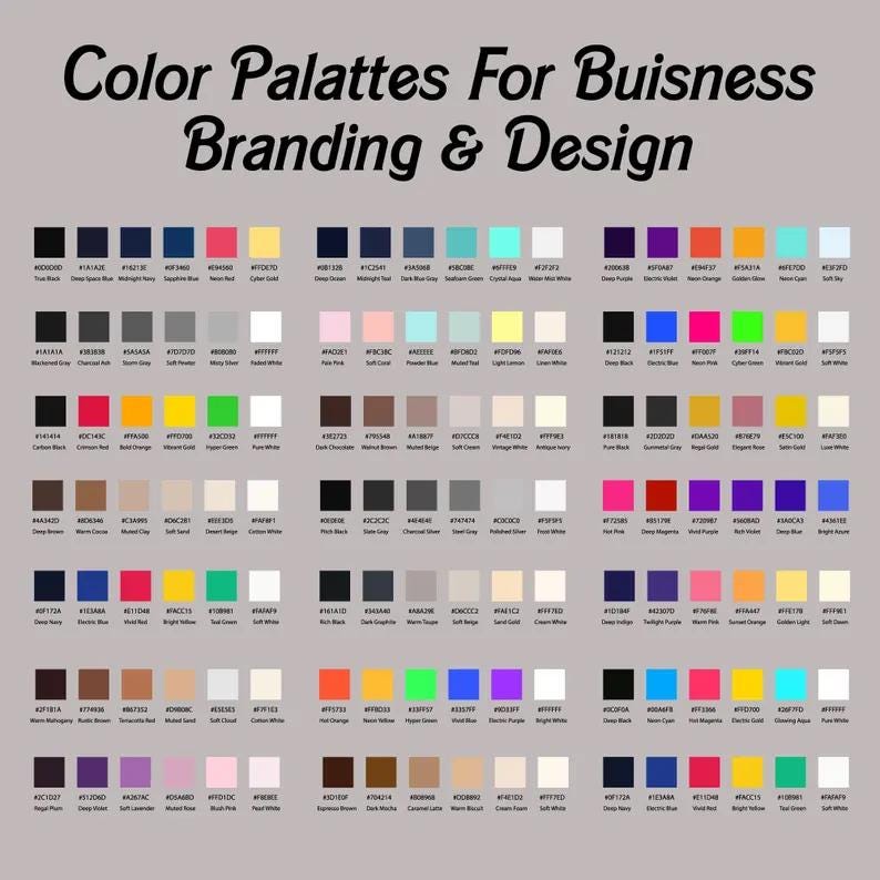 May include: A color palette reference chart titled Color Palettes For Buisness Branding & Design. It features multiple rows of small square color swatches, each labeled with its specific hexadecimal code and a descriptive color name in English.