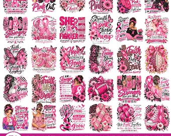 May include: A collection of seventy digital graphic designs featuring pink ribbons, floral patterns, butterflies, and inspirational text related to breast cancer awareness, presented in a grid layout with a white background and bold text.
