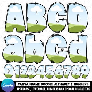 Canva Frame Doodle Alphabet UPPERCASE, LOWERCASE and Numbers, Editable Canva Letters template Custom Fill Pattern Digital Downloads