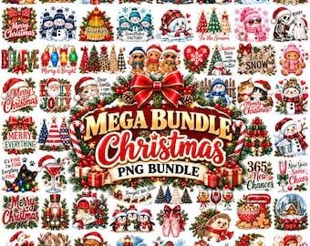 Könnte beinhalten: Eine digitale Sammlung von weihnachtlichen Grafiken mit Schneemännern, Weihnachtsmann, Lebkuchen, Tieren und Dekorationen, zentriert um ein großes Banner mit der Aufschrift MEGA BUNDLE Christmas PNG BUNDLE.