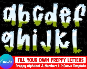 May include: A digital graphic featuring lowercase letters a through l with a sky and grass landscape fill, set against a black background with faint white line art. The text reads FILL YOUR OWN PREPPY LETTERS Preppy Alphabet & Numbers 1-9 Canva Template.