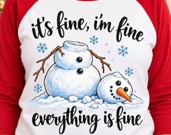 Könnte beinhalten: Ein weißes Raglan-Shirt mit roten Ärmeln und einer Grafik eines schmelzenden Schneemanns mit Karottennase und Astarmen. Der Text "it's fine, i'm fine" steht über dem Schneemann und "everything is fine" darunter, umgeben von blauen Schneeflocken.