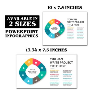 May include: A PowerPoint infographic template available in two sizes, 10 x 7.5 inches and 13.34 x 7.5 inches. The design features a circular, multi-colored segmented diagram with icons and text placeholders labeled You Can Write Project Title Here.