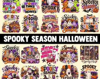Könnte beinhalten: Eine Sammlung von zwanzig digitalen Halloween-Grafikdesigns mit Geistern, Kürbissen, Fledermäusen und Katzen in violetten, orangen und schwarzen Farbpaletten. Jedes Design enthält dekorativen Text wie Spooky Season und Good Vibes.