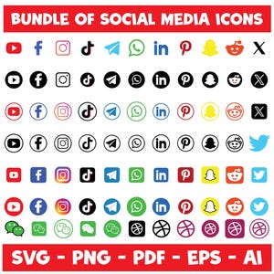 May include: A digital collection of social media icons arranged in rows, featuring logos for YouTube, Facebook, Instagram, TikTok, Telegram, WhatsApp, LinkedIn, Pinterest, Snapchat, Reddit, X, and Twitter. The text BUNDLE OF SOCIAL MEDIA ICONS and SVG - PNG - PDF - EPS - AI appears at the top and bottom.