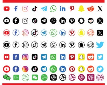 Könnte beinhalten: Eine digitale Sammlung von Social-Media-Symbolen in Reihen, darunter Logos für YouTube, Facebook, Instagram, TikTok, Telegram, WhatsApp, LinkedIn, Pinterest, Snapchat, Reddit, X und Twitter. Der Text BUNDLE OF SOCIAL MEDIA ICONS und SVG - PNG - PDF - EPS - AI steht oben und unten.