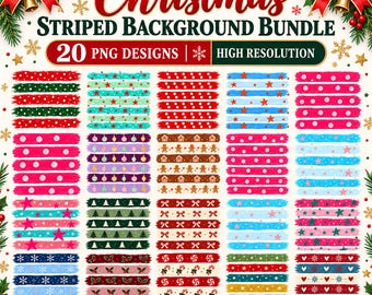 Könnte beinhalten: Ein digitales Paket mit 20 gestreiften Weihnachtshintergrund-Designs, die verschiedene Muster wie Punkte, Sterne, Lebkuchenmänner, Zuckerstangen und Schneeflocken in Rot, Grün, Pink, Blau und Gold mit festlichen Tannenzweig-Rändern zeigen.
