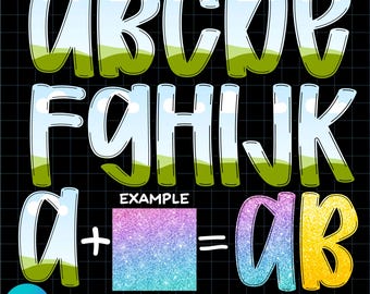 Könnte beinhalten: Eine digitale Alphabet-Vorlage mit Buchstaben im Bubble-Stil, die mit einem Himmel- und Grünlandschaftsmuster gefüllt sind. Das Bild enthält ein Beispiel, das zeigt, wie ein Buchstabe mit einem glitzernden Farbverlaufsquadrat kombiniert wird.