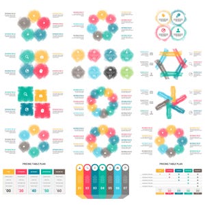 May include: A collection of infographic templates featuring watercolor-style circular and rectangular shapes in various colors, including yellow, pink, teal, and gray, paired with icons, text labels, and pricing tables with numerical values.