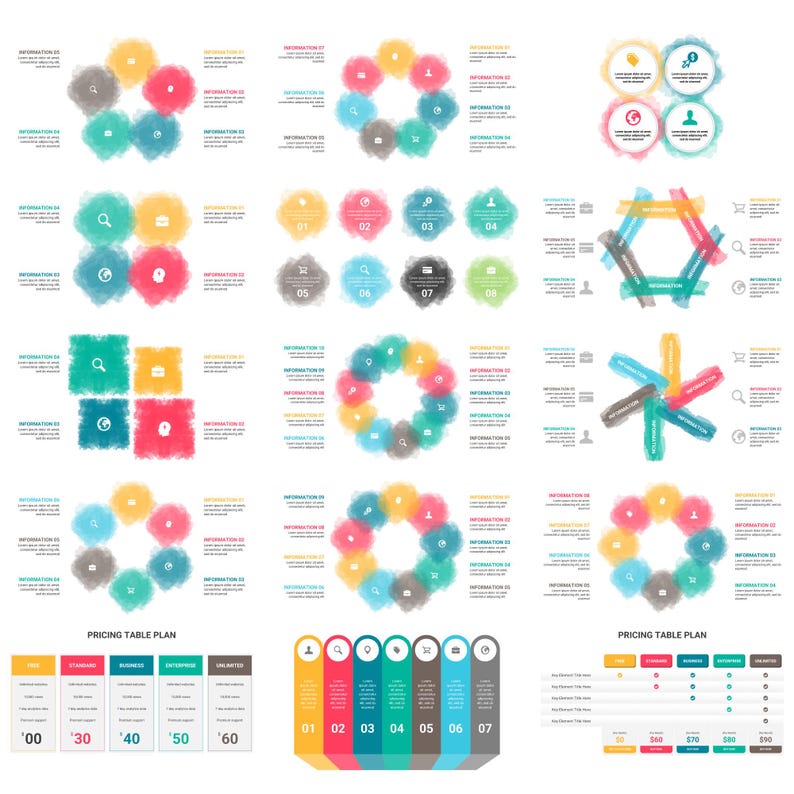 May include: A collection of infographic templates featuring watercolor-style circular and rectangular shapes in various colors, including yellow, pink, teal, and gray, paired with icons, text labels, and pricing tables with numerical values.
