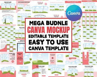 Könnte beinhalten: Eine digitale Sammlung von Canva-Mockups mit verschiedenen bearbeitbaren Vorlagen mit Platzhaltergrafiken von grünen Hügeln und blauem Himmel. Der zentrale Text lautet MEGA BUDNLE CANVA MOCKUP EDITABLE TEMPLATE EASY TO USE CANVA TEMPLATE.