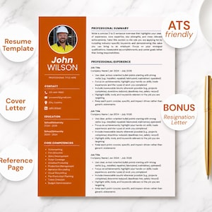 May include: A resume template featuring a burnt orange sidebar with a circular headshot of a person in a hard hat, contact details, education, and core competencies. The white main section includes a professional summary and experience.