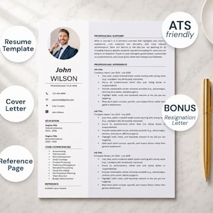 May include: A professional resume template document featuring a circular headshot of a person in a suit, contact information, education, and core competencies sections, alongside text labels for Resume Template, Cover Letter, Reference Page, ATS friendly, and BONUS Resignation Letter.