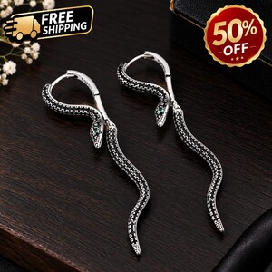 925 Sterling Silver Snake Hoop Earrings, Black Crystal Serpent Dangle Jewelry