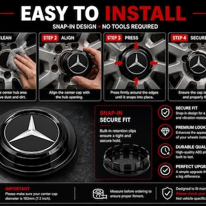 May include: A black wheel centre cap featuring a silver three-pointed star logo. The instructional graphic displays a four-step installation process, highlighting a snap-in design, built-in retention clips, and a 182mm diameter for proper fitment.