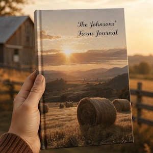 May include: A hardcover journal featuring a printed landscape photograph of a golden sunset over a farm field with hay bales. The text "The Johnsons' Farm Journal" is printed in a dark script font on the upper portion of the front cover.
