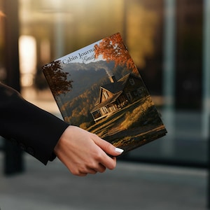 Può includere: Un diario rettangolare con copertina rigida che presenta un'immagine stampata di una baita in legno immersa in un paesaggio montano autunnale. Il testo Cabin Journal Emily è stampato in nero sulla parte superiore della copertina.