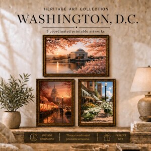 Peut inclure: Trois impressions d'art encadrées intitulées Heritage Art Collection Washington, D.C. L'image du haut montre le Jefferson Memorial au coucher du soleil avec des cerisiers en fleurs. En bas à gauche, le Capitole, et à droite, une scène de rue.