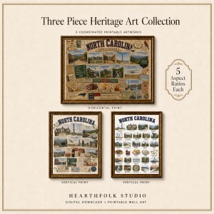 May include: A Three Piece Heritage Art Collection featuring one horizontal and two vertical printable wall art prints of North Carolina. Each print displays a collage of state landmarks, food, and symbols with the text North Carolina.