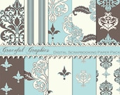 Scrapbook Paper Pack Digital Scrapbooking Background Papers 10 Sheets 8.5 x 11 Blue Brown White Neoclassical 1300gg