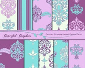 Scrapbook Paper Pack Digital Scrapbooking Background Papers Neoclassical 10 Sheets 8.5 x11 Turquoise Purple Pink White 1321gg