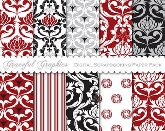 Scrapbook Paper Pack Digital Scrapbooking Background Papers DAMASK 10 8.5 x 11 CRANBERRY Red Gray Black White 1480gg