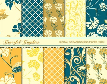 Scrapbook Paper Pack Digital Scrapbooking Background PapersFLOWERS Floral SWIRLS Teal Gold Yellow White 10 8.5 x 11 1442gg