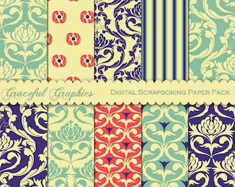 Scrapbook Paper Pack Digital Scrapbooking Background Papers DAMASK 10 8.5 x 11 Purple Orange Blue Yellow 1478gg