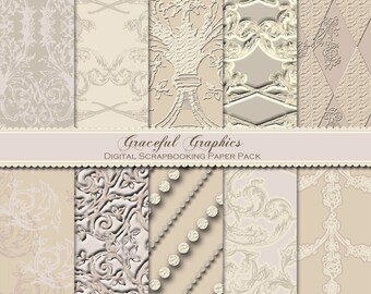 Scrapbook Paper Pack Digital Scrapbooking Background Papers SOPHISTICATED DAMASK Beige Tan Off White 10 8.5 x 11 1034gg