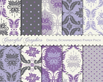 Scrapbook Paper Pack Digital Scrapbooking Background Papers 10 8.5 x 11 Old World DAMASK Purple Gray White 1613gg