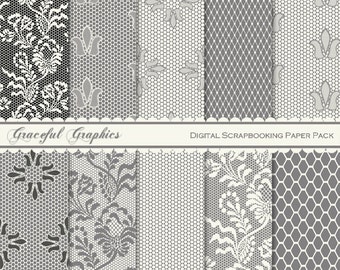 Scrapbook Paper Pack Digital Scrapbooking Background Papers GIRLY Gray n Ivory LACE tulle NETTING Fishnet Pack 10 8.5 x 11 1626gg