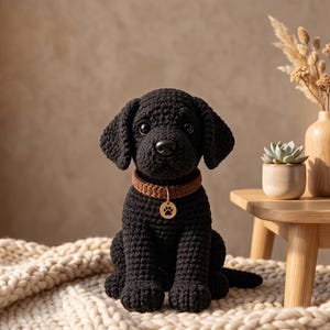 May include: A black crocheted puppy toy with large dark eyes and a black nose. The puppy wears a brown crocheted collar with a round wooden tag featuring a paw print engraving. The toy is crafted with a textured yarn stitch and sits upright.