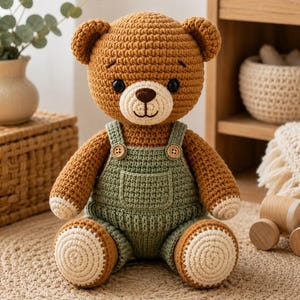 Modelli per orsacchiotti all'uncinetto, orsacchiotto amigurumi con salopette, tutorial per peluche, schema passo passo, terminologia statunitense, download digitale immediato