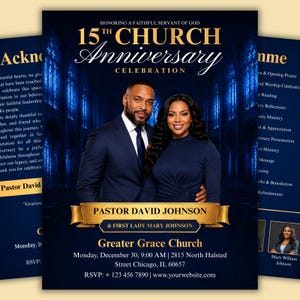 Sjabloon voor een kerkjubileumprogramma, programma ter ere van de pastor, bewerkbaar dubbelgevouwen kerkprogramma, Canva-sjabloon, digitale download