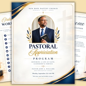 Plantilla para programa de agradecimiento pastoral, boletín de aniversario pastoral, programa de iglesia editable en Canva, díptico imprimible, 17x11