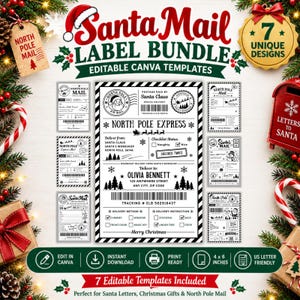 May include: A digital Santa Mail label bundle featuring seven editable Canva templates with North Pole Express branding. The designs include black and white text, barcodes, and holiday graphics like Santa, reindeer, and pine trees on a white background.