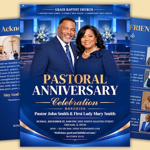Modèle de programme pour l'anniversaire pastoral, programme de bulletin paroissial modifiable sur Canva, remerciements pastoraux, programme d'anniversaire d'église à imprimer