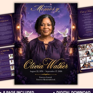 May include: A funeral program template featuring a portrait of a person with dark locs in a purple shirt. The design includes the text In Loving Memory of Olivia Walker, August 22, 1976 – September 17, 2026, Forever Loved, Forever Remembered, and doves.