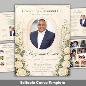 May include: A funeral programme template featuring a central oval portrait of a man in a navy suit, surrounded by cream-coloured roses and greenery. The text reads Celebrating a Beautiful Life, In Loving Memory of Benjamin Carter, and Homegoing Celebration.