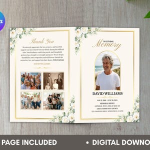 Op de afbeelding: Een gevouwen herdenkingsprogramma met een crèmekleurige achtergrond en randen van witte bloemen en groene bladeren. De voorzijde toont een foto van David Williams, data en details van de dienst. Binnenin staan een dankwoord en vier familiefoto's.
