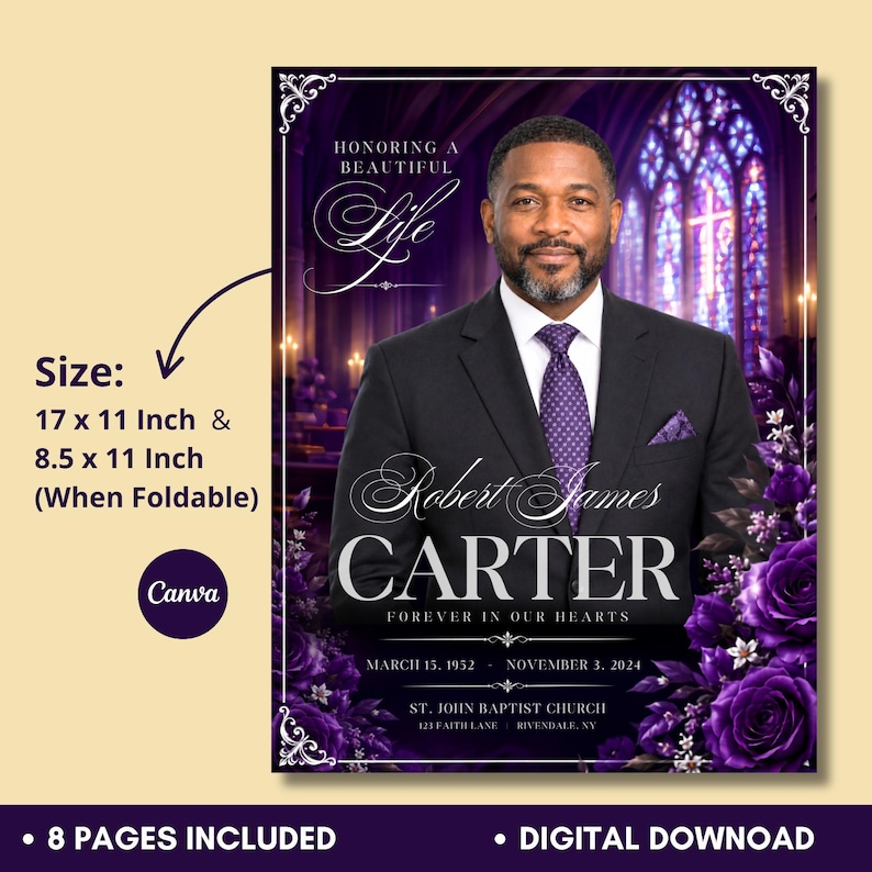 Purple Funeral Program Template, Editable Canva Memorial Booklet, 8 ...