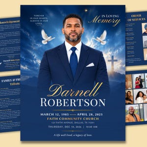 May include: A funeral program template featuring a portrait of a man in a navy blue suit and tie. The design includes white doves, a cross silhouette, and text reading In Loving Memory, Darnell Robertson, March 12, 1985 - April 28, 2025.